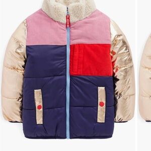 NWT Mini Boden Colorblock Puffer Jacket with Sherpa Collar - Pink, Navy & Gold